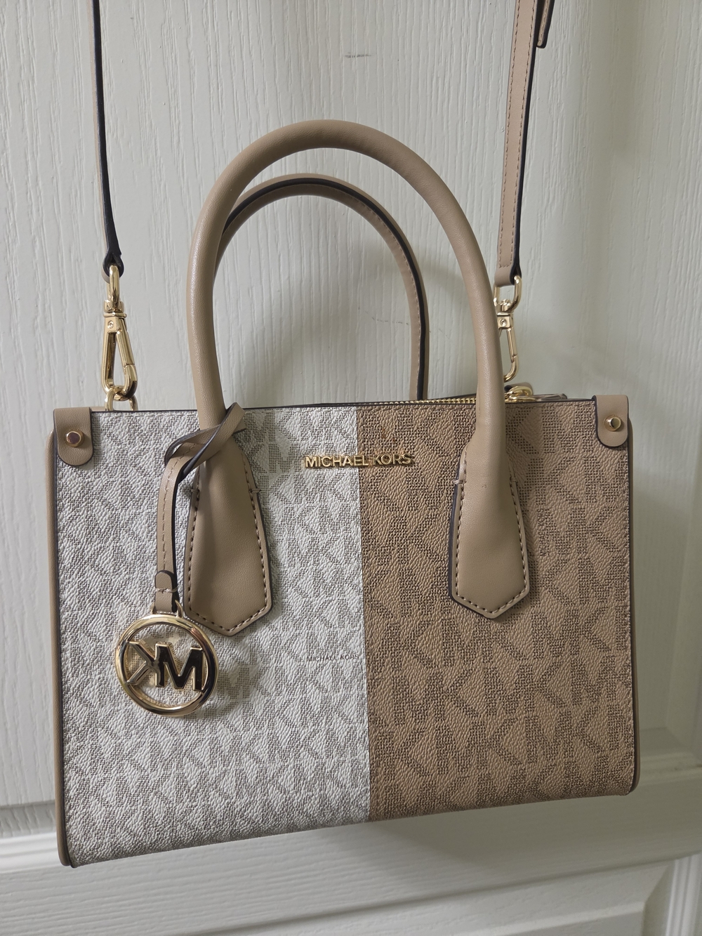 Michael Kors Two-Tone Logo Satchel in Beige and Cream